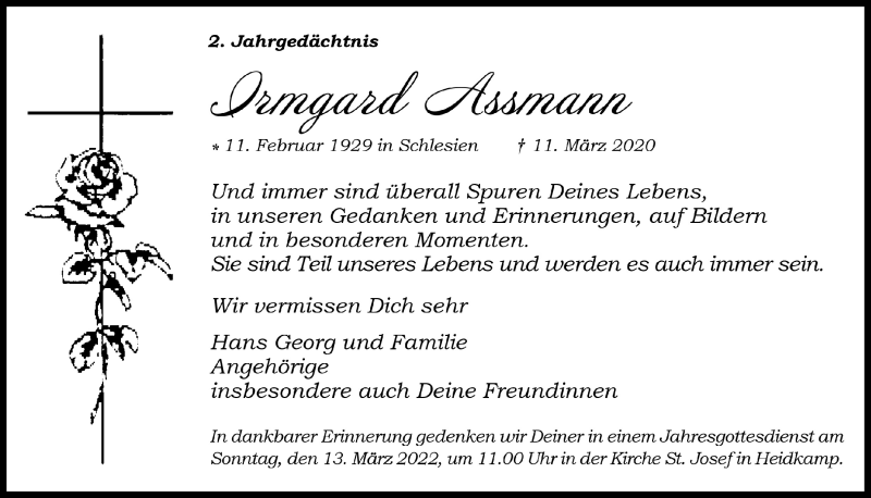  Traueranzeige für Irmgard Assmann vom 11.03.2022 aus  Bergisches Handelsblatt 