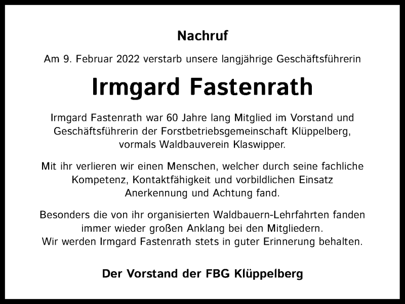  Traueranzeige für Irmgard Fastenrath vom 05.03.2022 aus Kölner Stadt-Anzeiger / Kölnische Rundschau / Express