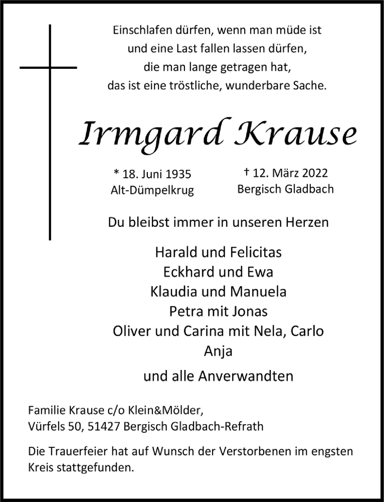  Traueranzeige für Irmgard Krause vom 01.04.2022 aus  Bergisches Handelsblatt 