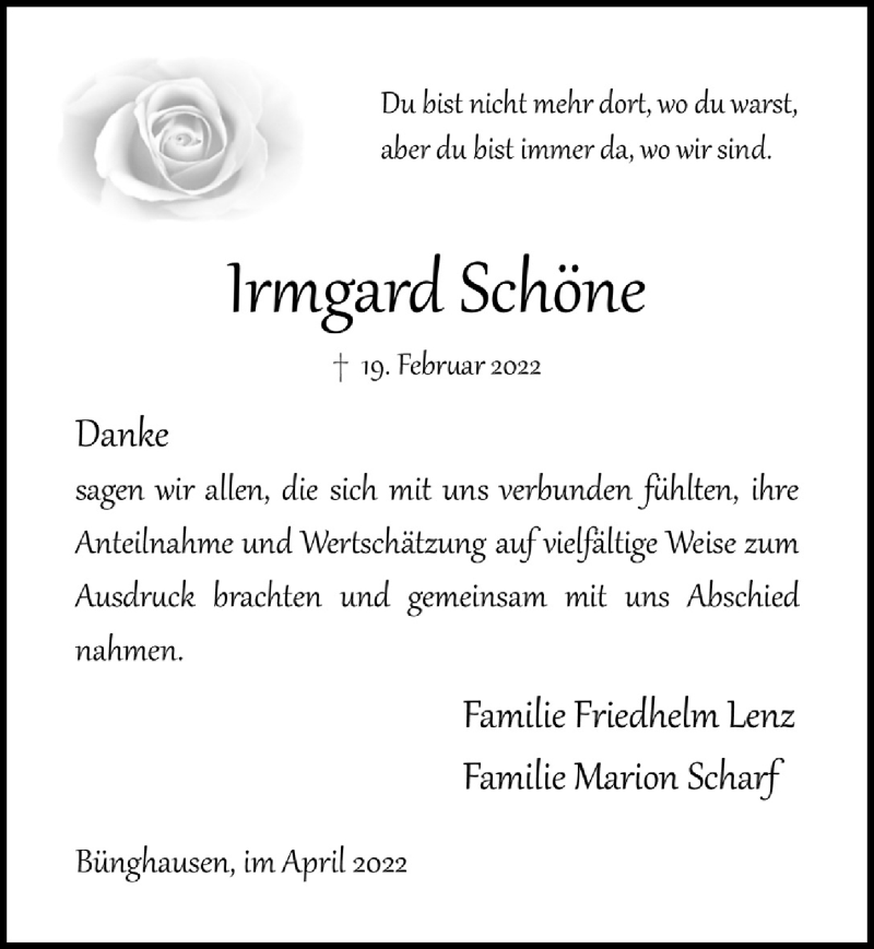 Traueranzeige für Irmgard Schöne vom 01.04.2022 aus  Anzeigen Echo 
