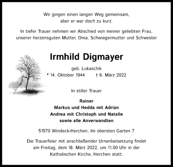 Anzeige von Irmhild Digmayer von Kölner Stadt-Anzeiger / Kölnische Rundschau / Express