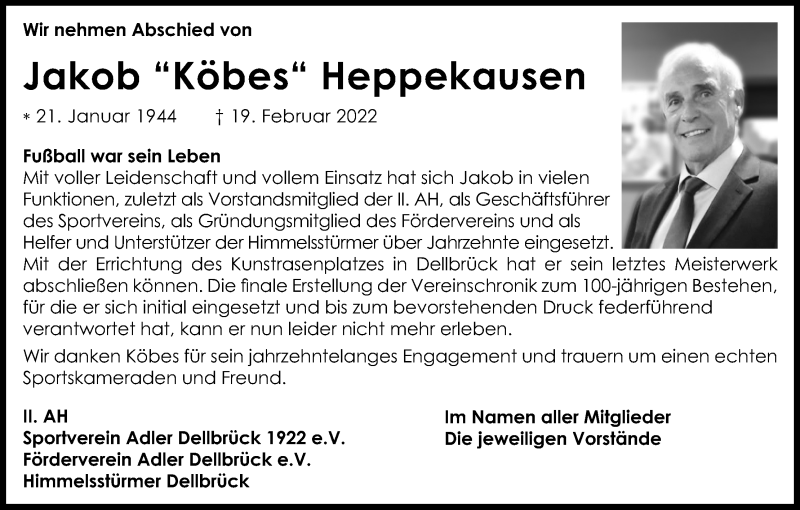  Traueranzeige für Jakob Heppekausen vom 05.03.2022 aus Kölner Stadt-Anzeiger / Kölnische Rundschau / Express