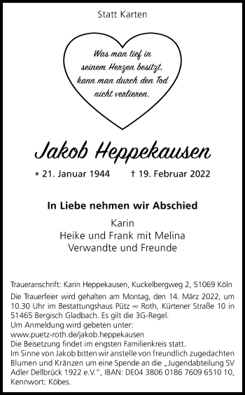 Anzeige von Jakob Heppekausen von Kölner Stadt-Anzeiger / Kölnische Rundschau / Express