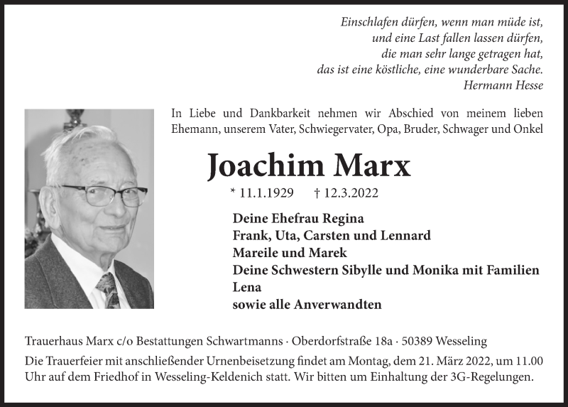  Traueranzeige für Joachim Marx vom 11.03.2022 aus  Schlossbote/Werbekurier 