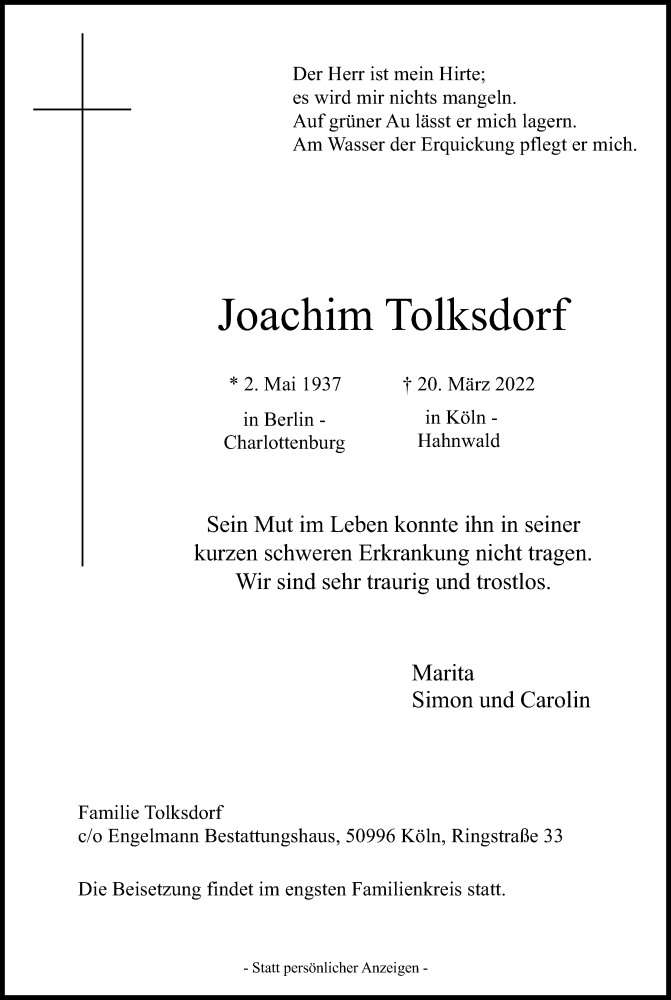  Traueranzeige für Joachim Tolksdorf vom 26.03.2022 aus Kölner Stadt-Anzeiger / Kölnische Rundschau / Express