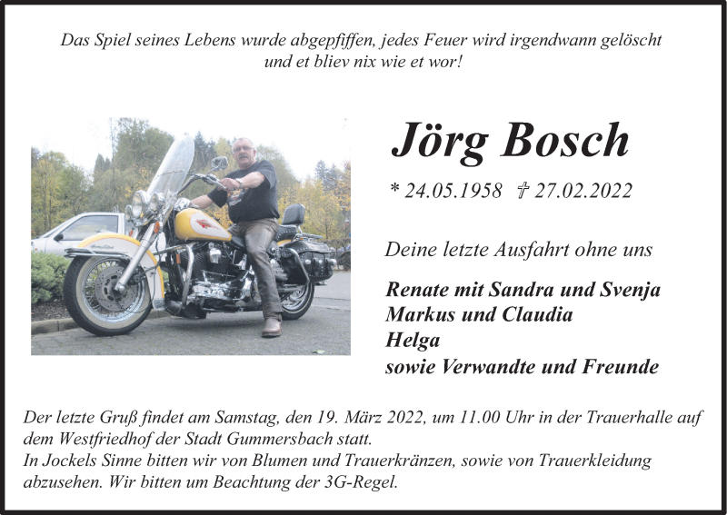  Traueranzeige für Jörg Bosch vom 12.03.2022 aus Kölner Stadt-Anzeiger / Kölnische Rundschau / Express