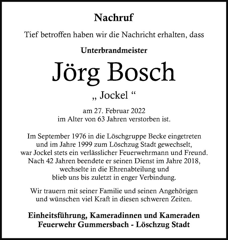  Traueranzeige für Jörg Bosch vom 19.03.2022 aus Kölner Stadt-Anzeiger / Kölnische Rundschau / Express
