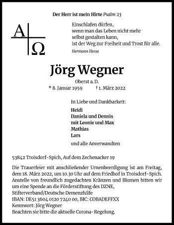 Anzeige von Jörg Wegner von Kölner Stadt-Anzeiger / Kölnische Rundschau / Express