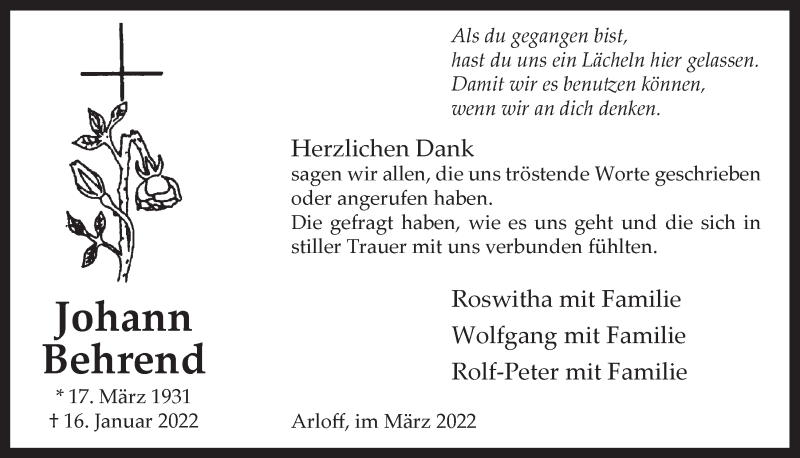  Traueranzeige für Johann Behrend vom 19.03.2022 aus  Blickpunkt Euskirchen 