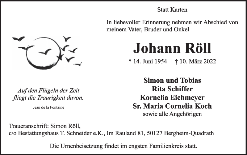  Traueranzeige für Johann Röll vom 25.03.2022 aus  Werbepost 