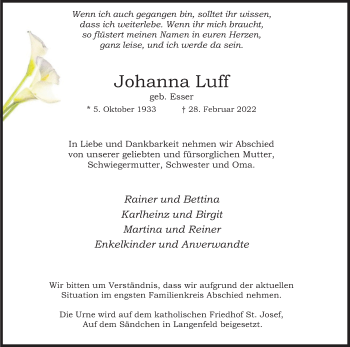 Anzeige von Johanna Luff von Kölner Stadt-Anzeiger / Kölnische Rundschau / Express