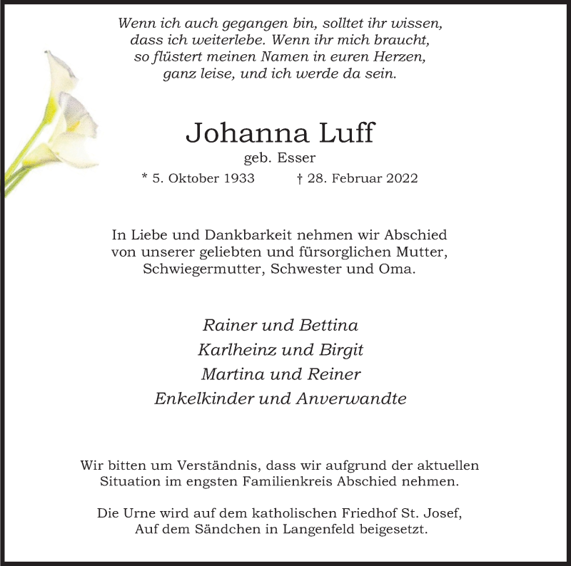  Traueranzeige für Johanna Luff vom 12.03.2022 aus Kölner Stadt-Anzeiger / Kölnische Rundschau / Express