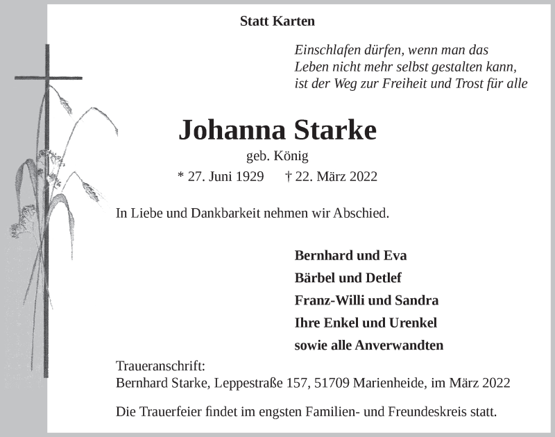  Traueranzeige für Johanna Starke vom 01.04.2022 aus  Anzeigen Echo 