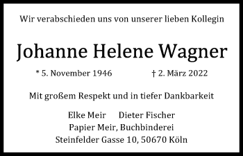 Anzeige von Johanne Helene Wagner von Kölner Stadt-Anzeiger / Kölnische Rundschau / Express