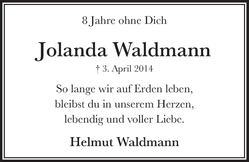  Traueranzeige für Jolanda Waldmann vom 01.04.2022 aus  Schlossbote/Werbekurier 