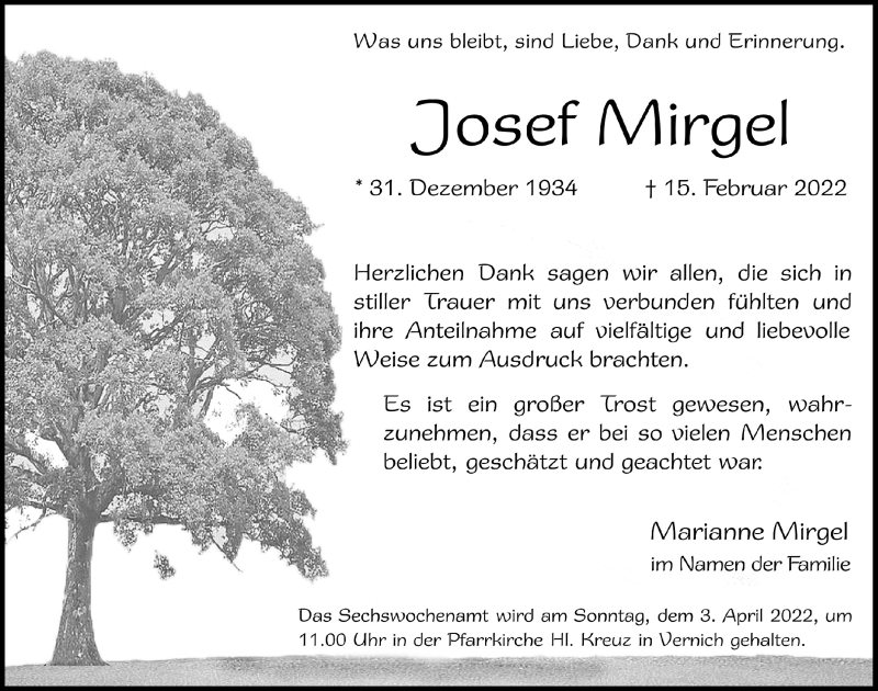  Traueranzeige für Josef Mirgel vom 26.03.2022 aus  Blickpunkt Euskirchen 