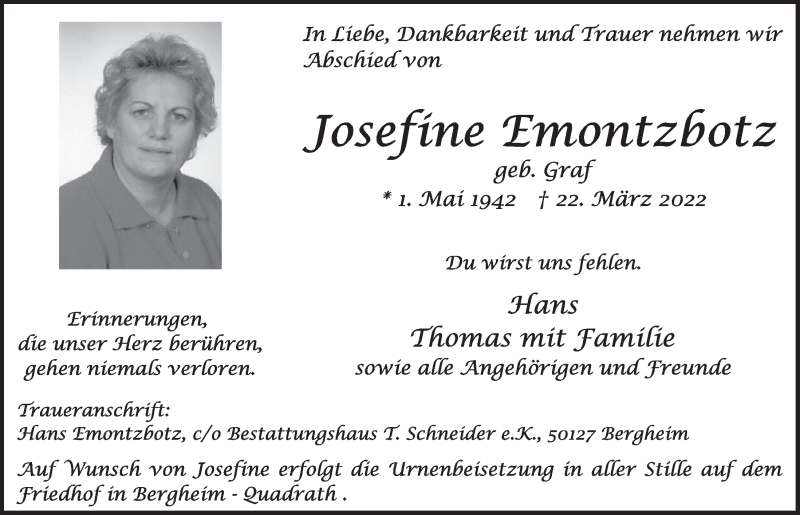  Traueranzeige für Josefine Emontzbotz vom 01.04.2022 aus  Werbepost 