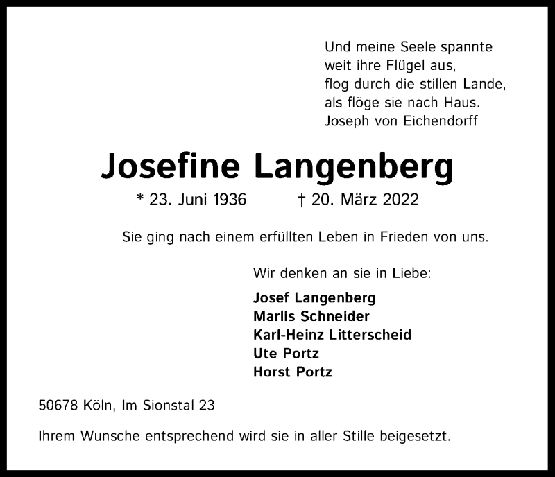 Traueranzeige für Josefine Langenberg vom 26.03.2022 aus Kölner Stadt-Anzeiger / Kölnische Rundschau / Express