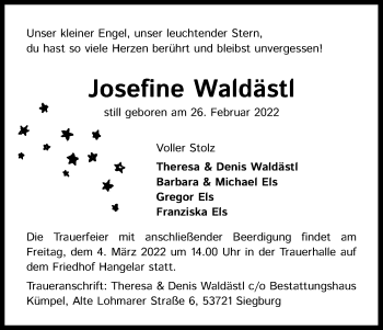 Anzeige von Josefine Waldästl von Kölner Stadt-Anzeiger / Kölnische Rundschau / Express