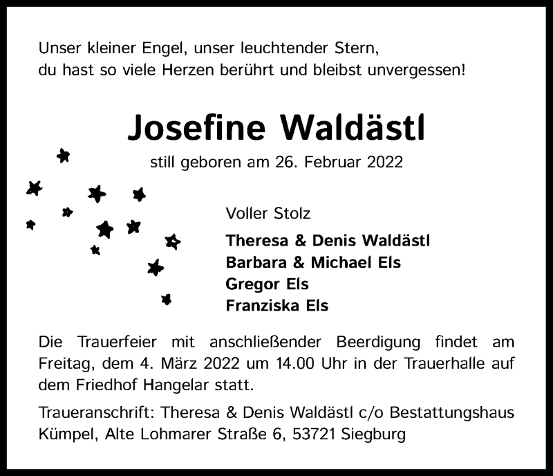  Traueranzeige für Josefine Waldästl vom 02.03.2022 aus Kölner Stadt-Anzeiger / Kölnische Rundschau / Express