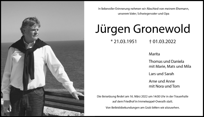  Traueranzeige für Jürgen Gronewold vom 11.03.2022 aus  Bergisches Handelsblatt 