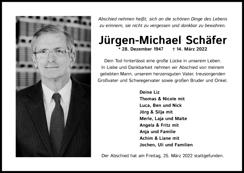 Traueranzeige für Jürgen-Michael Schäfer vom 26.03.2022 aus Kölner Stadt-Anzeiger / Kölnische Rundschau / Express