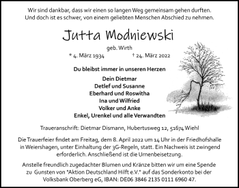 Anzeige von Jutta Modniewski von  Anzeigen Echo 
