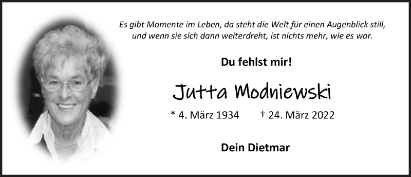  Traueranzeige für Jutta Modniewski vom 01.04.2022 aus  Anzeigen Echo 