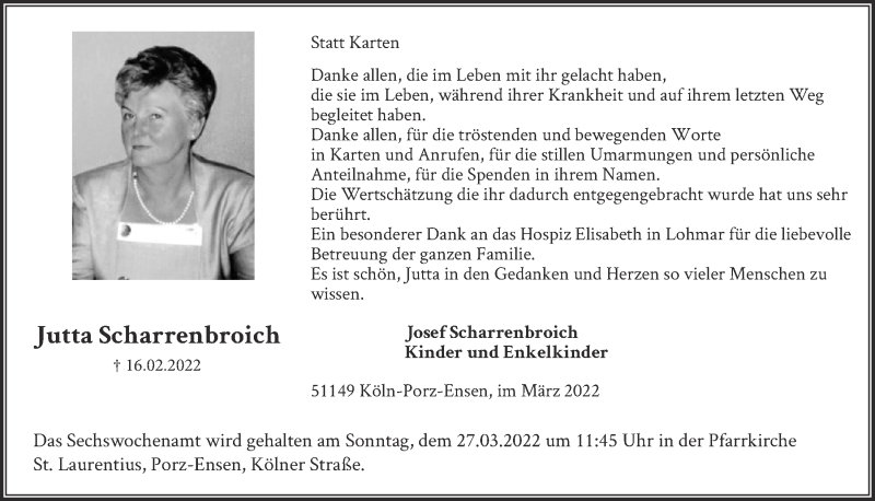  Traueranzeige für Jutta Scharrenbroich vom 25.03.2022 aus  EXPRESS - Die Woche 
