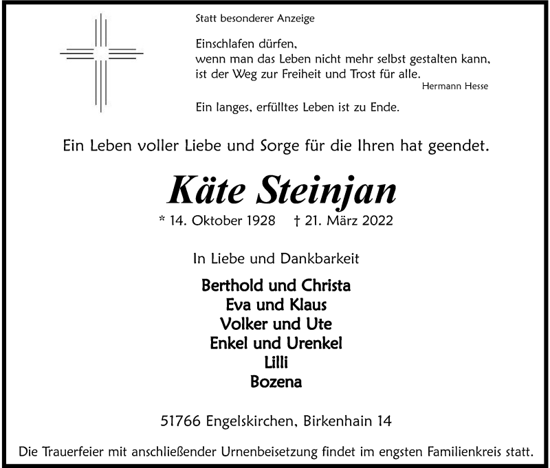  Traueranzeige für Käte Steinjan vom 26.03.2022 aus Kölner Stadt-Anzeiger / Kölnische Rundschau / Express