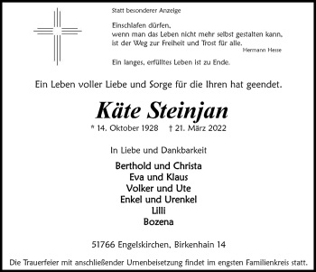 Anzeige von Käte Steinjan von  Anzeigen Echo 