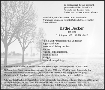 Anzeige von Käthe Becker von  Wochenende 