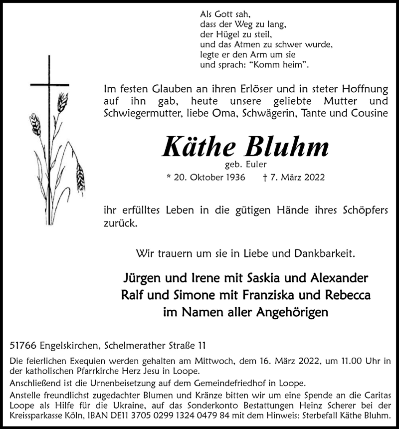  Traueranzeige für Käthe Bluhm vom 11.03.2022 aus  Anzeigen Echo 