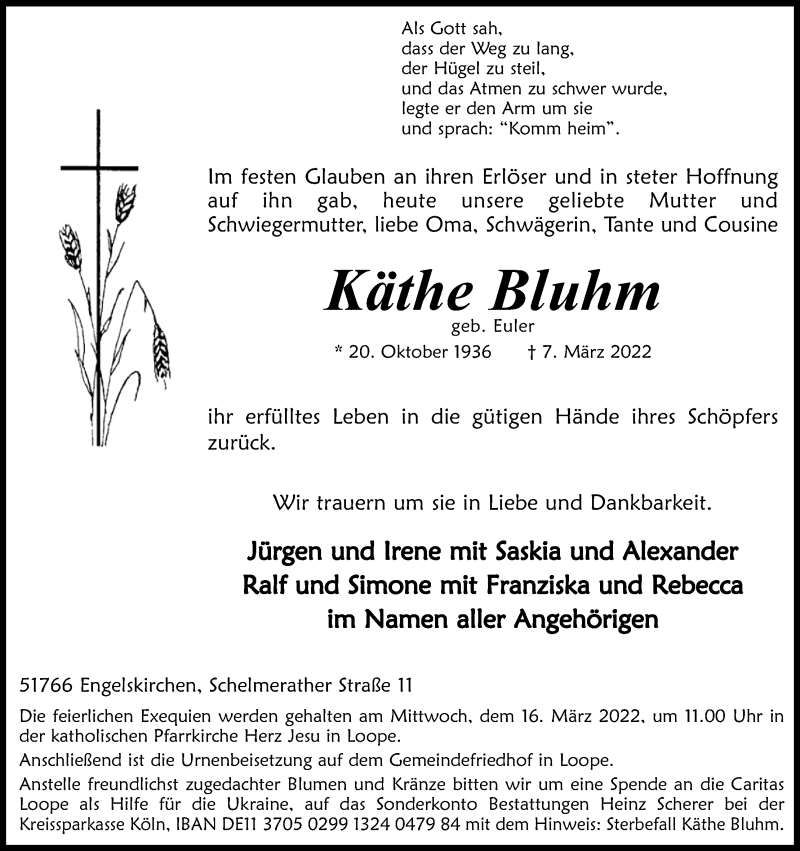 Traueranzeige für Käthe Bluhm vom 12.03.2022 aus Kölner Stadt-Anzeiger / Kölnische Rundschau / Express