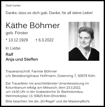 Anzeige von Käthe Böhmer von Kölner Stadt-Anzeiger / Kölnische Rundschau / Express