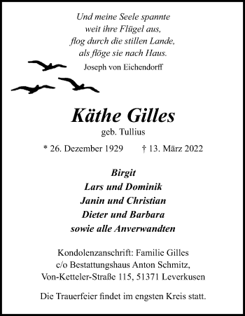 Anzeige von Käthe Gilles von Kölner Stadt-Anzeiger / Kölnische Rundschau / Express