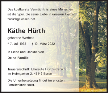 Anzeige von Käthe Hürth von Kölner Stadt-Anzeiger / Kölnische Rundschau / Express