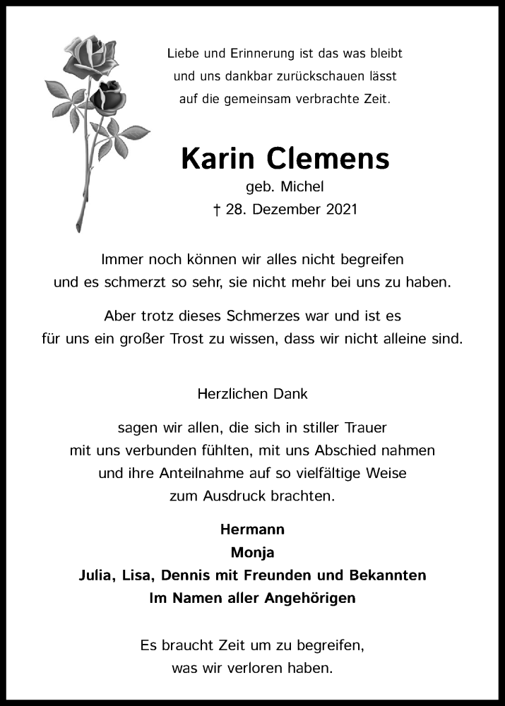 Traueranzeige für Karin Clemens vom 08.03.2022 aus Kölner Stadt-Anzeiger / Kölnische Rundschau / Express