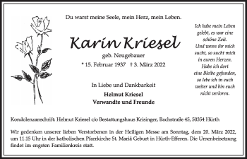 Anzeige von Karin Kriesel von  Wochenende 