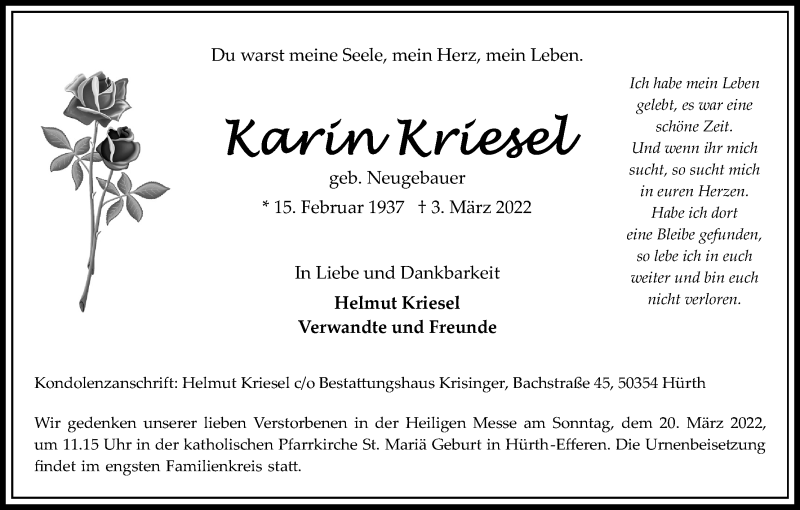  Traueranzeige für Karin Kriesel vom 12.03.2022 aus Kölner Stadt-Anzeiger / Kölnische Rundschau / Express