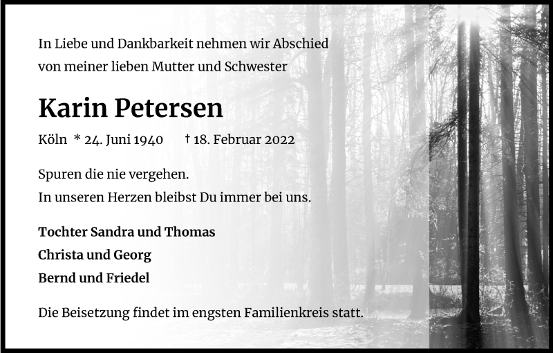  Traueranzeige für Karin Petersen vom 09.03.2022 aus Kölner Stadt-Anzeiger / Kölnische Rundschau / Express
