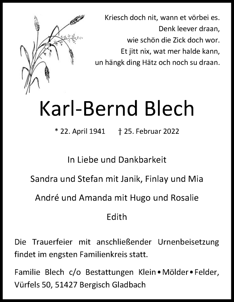  Traueranzeige für Karl-Bernd Blech vom 05.03.2022 aus Kölner Stadt-Anzeiger / Kölnische Rundschau / Express