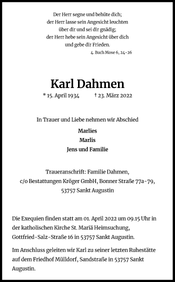 Anzeige von Karl Dahmen von Kölner Stadt-Anzeiger / Kölnische Rundschau / Express