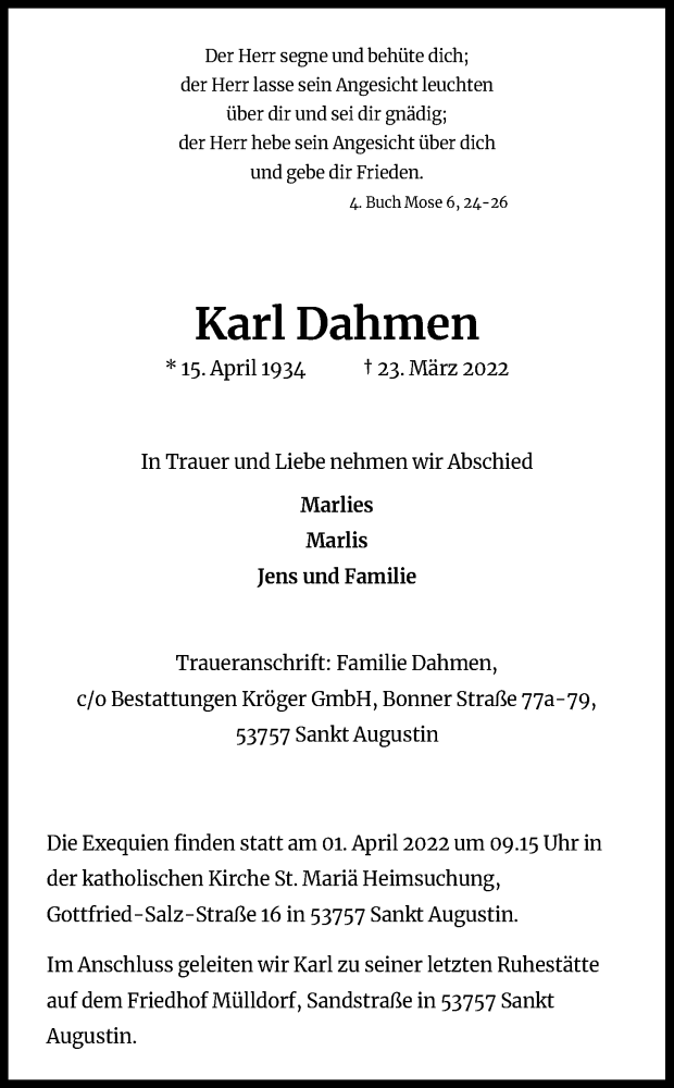 Traueranzeige für Karl Dahmen vom 26.03.2022 aus Kölner Stadt-Anzeiger / Kölnische Rundschau / Express