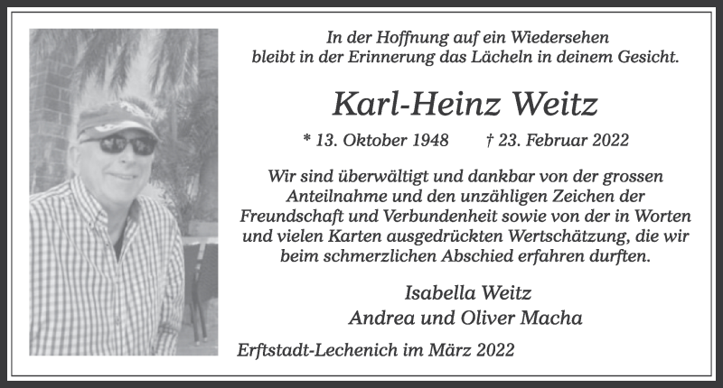  Traueranzeige für Karl-Heinz Weitz vom 11.03.2022 aus  Werbepost 