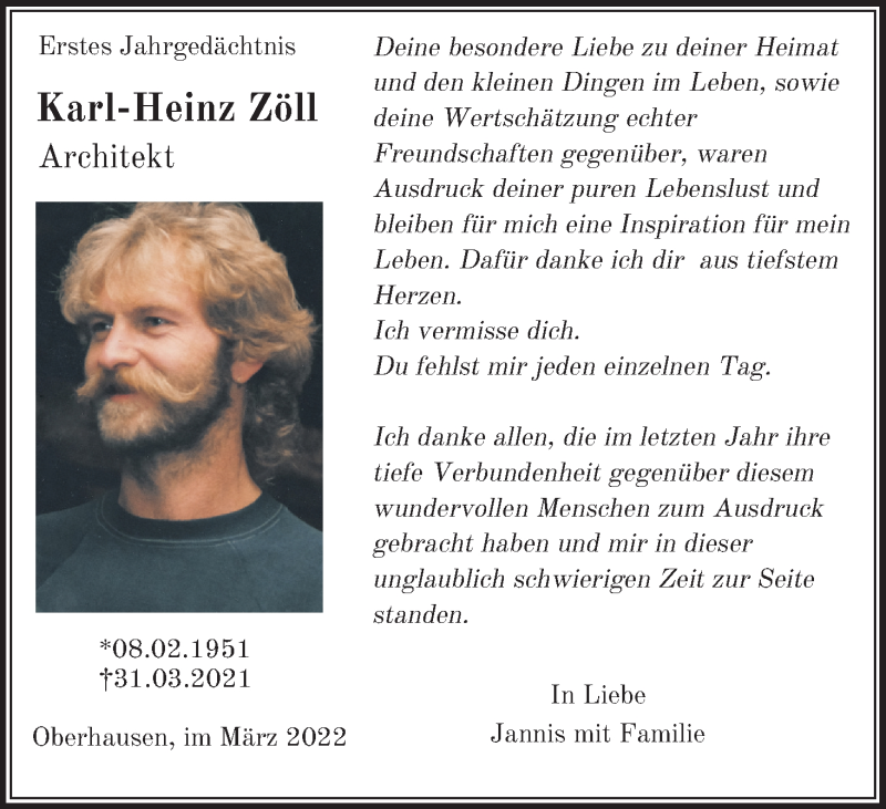  Traueranzeige für Karl-Heinz Zöll vom 31.03.2022 aus Kölner Stadt-Anzeiger / Kölnische Rundschau / Express