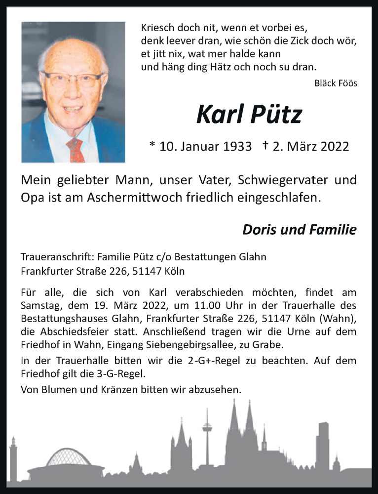  Traueranzeige für Karl Pütz vom 11.03.2022 aus  EXPRESS - Die Woche 