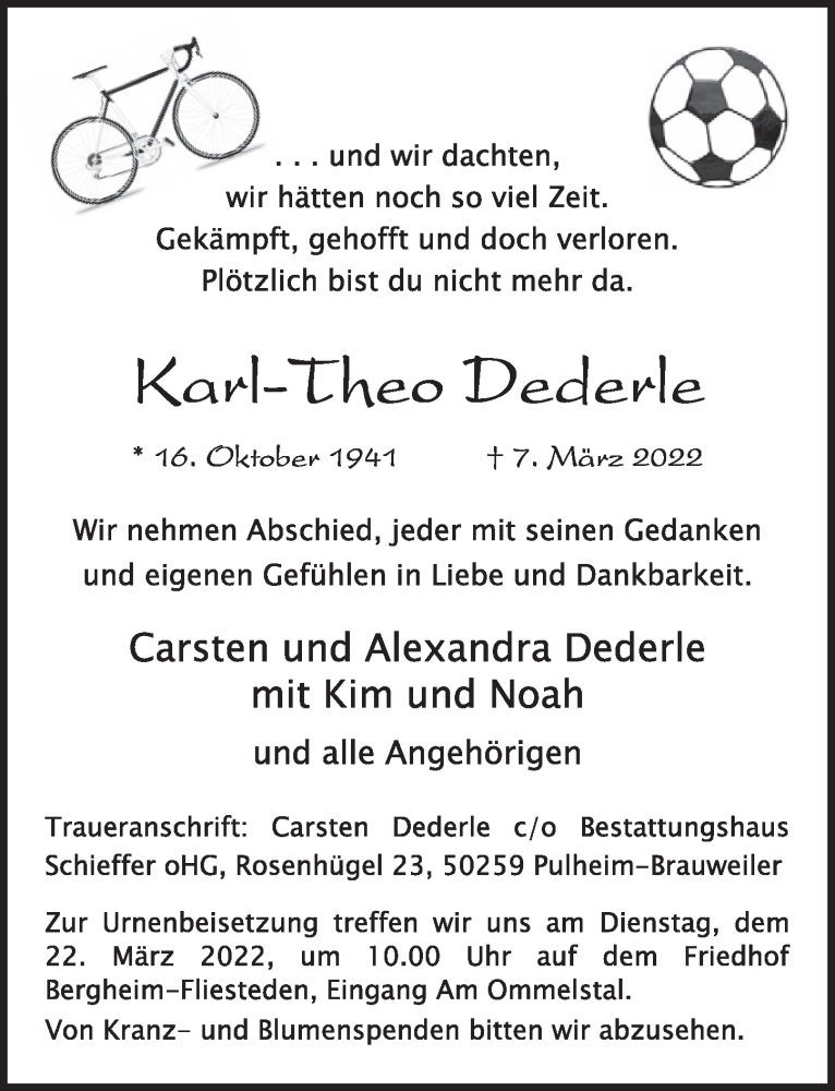  Traueranzeige für Karl-Theo Dederle vom 18.03.2022 aus  Werbepost 