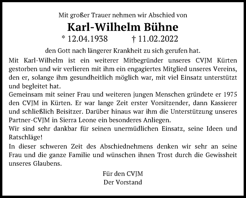  Traueranzeige für Karl-Wilhelm Bühne vom 17.03.2022 aus Kölner Stadt-Anzeiger / Kölnische Rundschau / Express