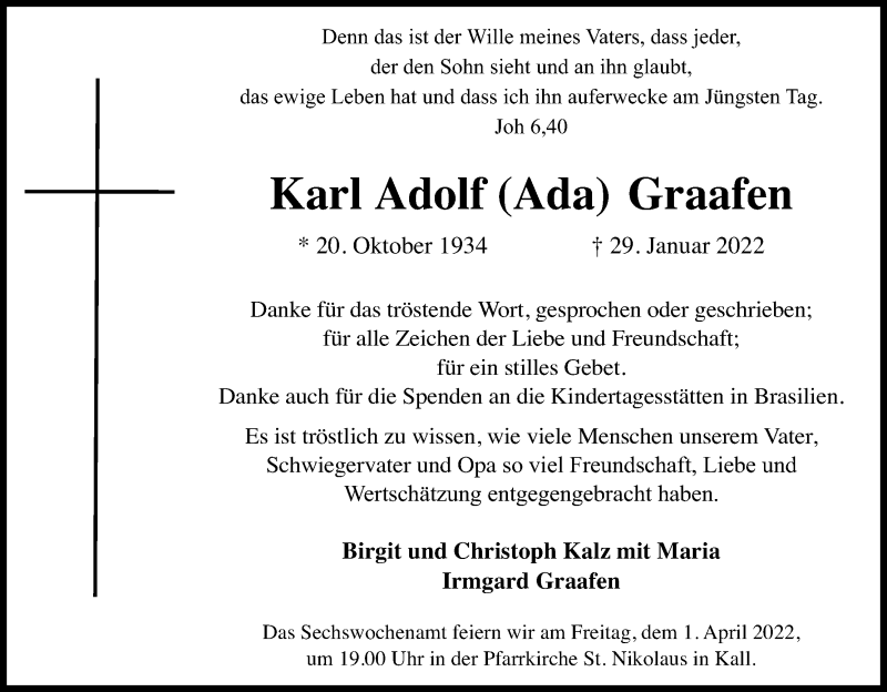  Traueranzeige für Karl Adolf Graafen vom 26.03.2022 aus Kölner Stadt-Anzeiger / Kölnische Rundschau / Express